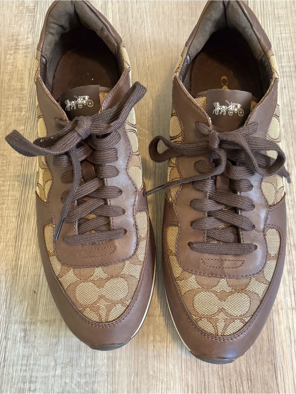 Coach Farah Signature Jacquard Low Top Sneaker, khaki and chestnut brown 10 EUC